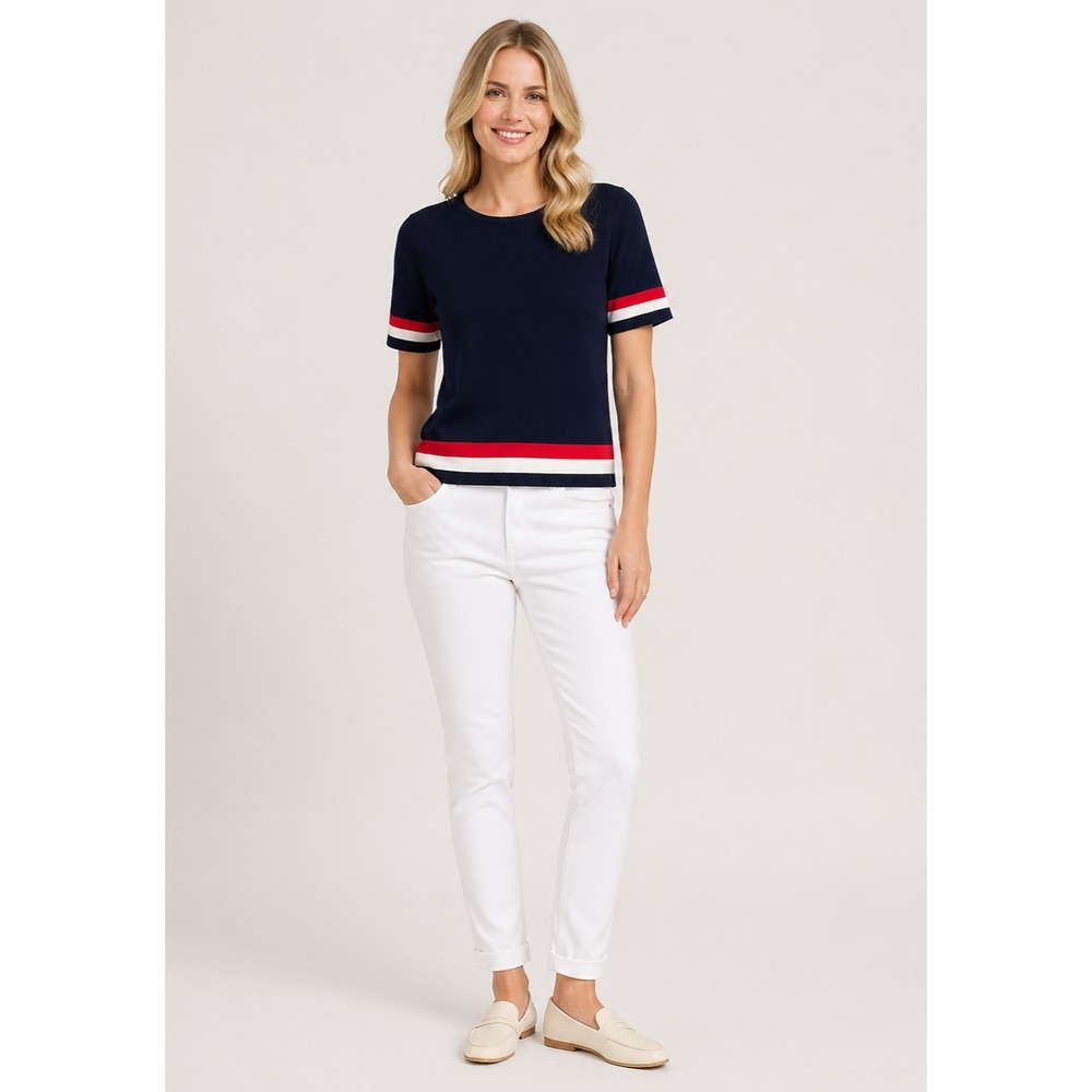 cAbi Hampton Knit Sweater Womens‎ Medium Blue Red White Stripe Nautical Preppy